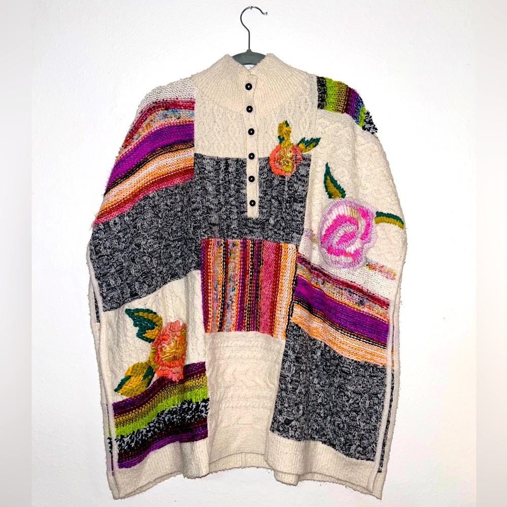 Anthropologie Maeve Patchwork Poncho Sweater